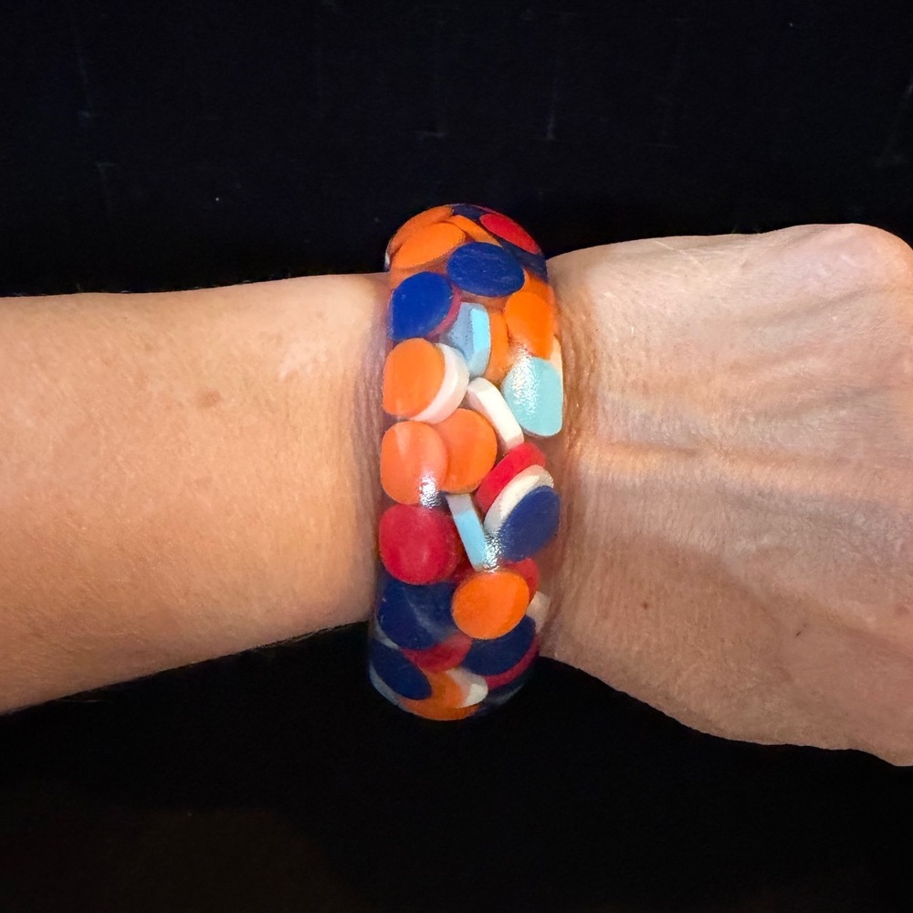 Chunky Clear Resin Bangle Bracelet Colorful Confetti Disc Statement Retro Mod